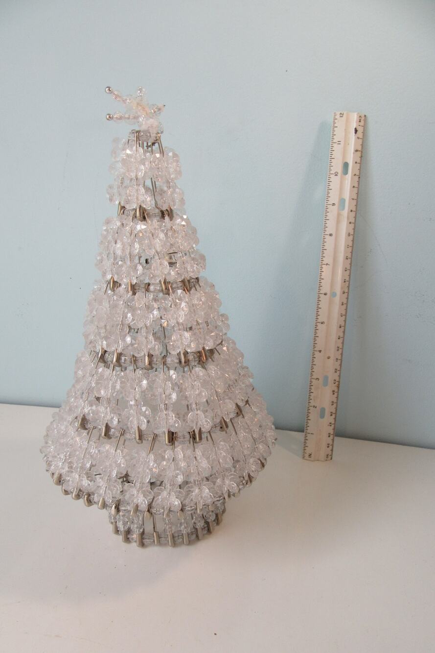 Vintage Handcrafted Safety Pin Christmas Tree Clear Beads 12 inches Tall